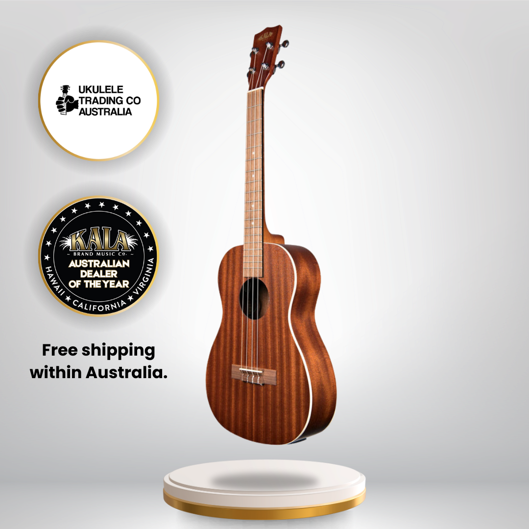 Kala KA-BE Baritone Ukulele in satin mahogany with pickup, cream binding, and gigbag.