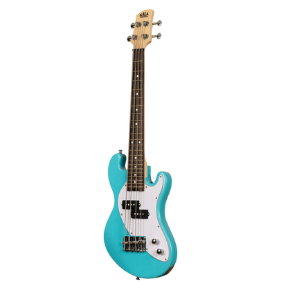 Kala Okoume Electric Bass U•BASS in Surf Blue, featuring solid body design and deep, punchy bass tone.