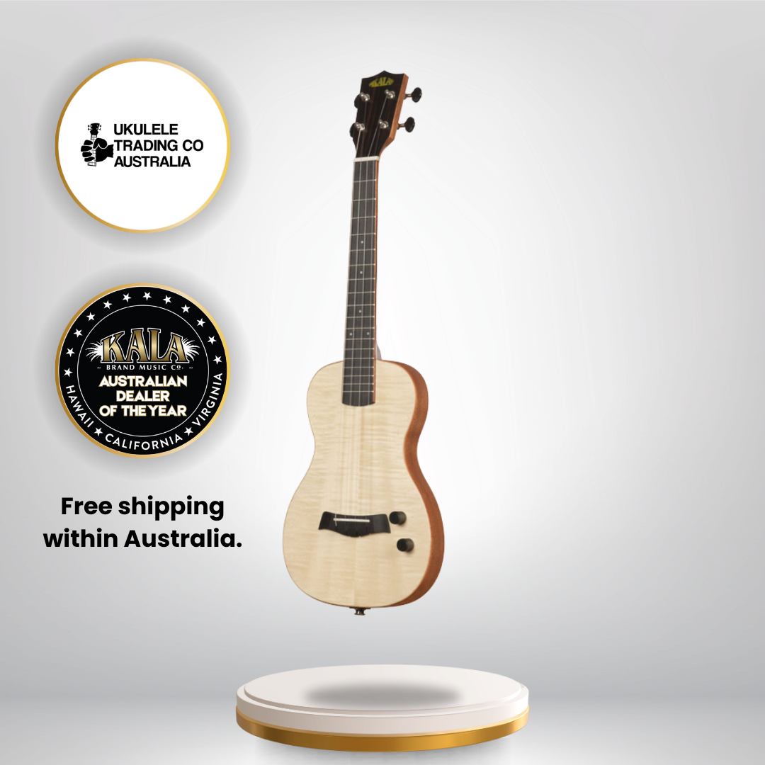 Solid body electric flame maple tenor ukulele with tiger stripe maple top