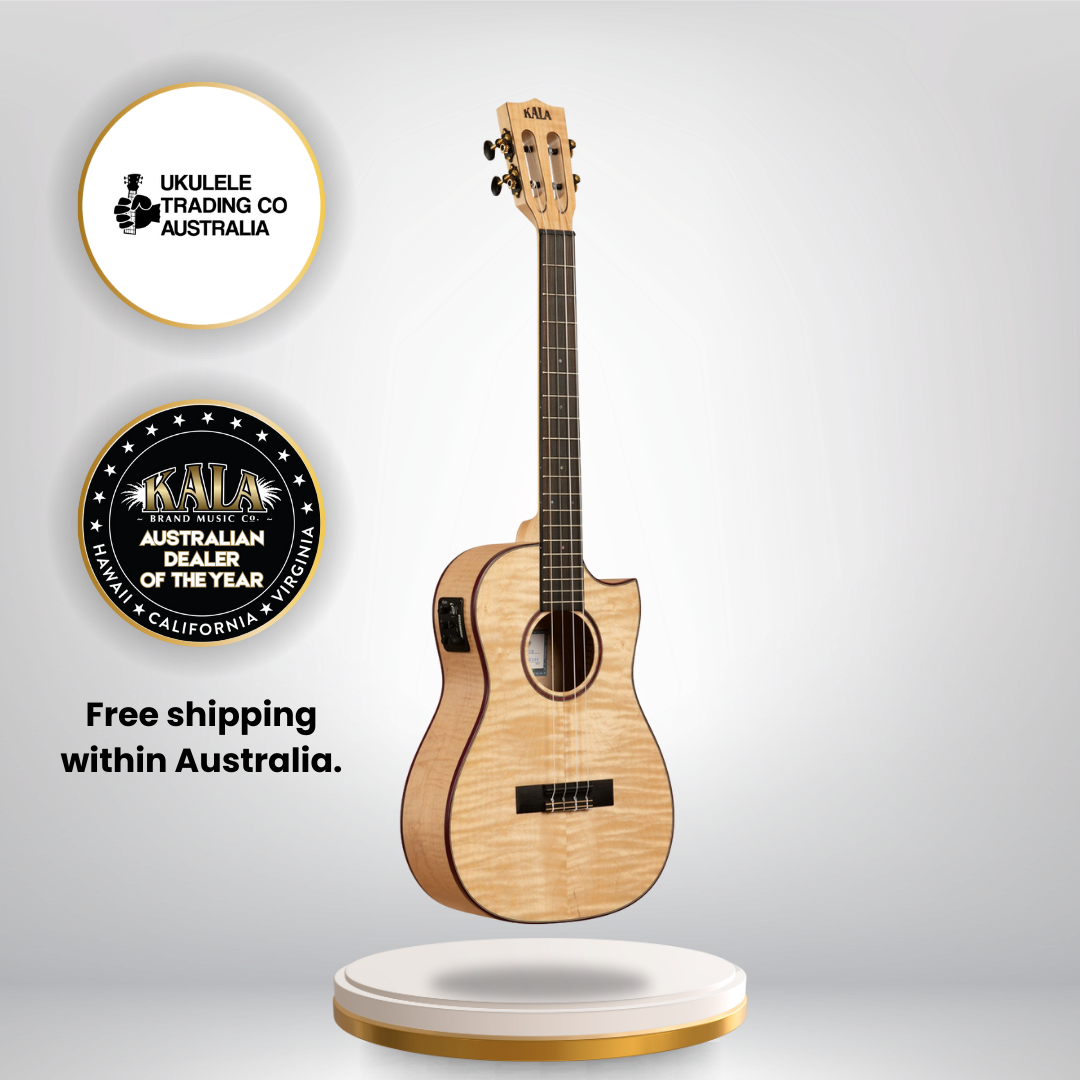 All Solid Flame Maple Cutaway Baritone Ukulele Kala KA-ASFM-B-CE with EQ and Gig Bag – Professional Kala Baritone Ukulele Australia