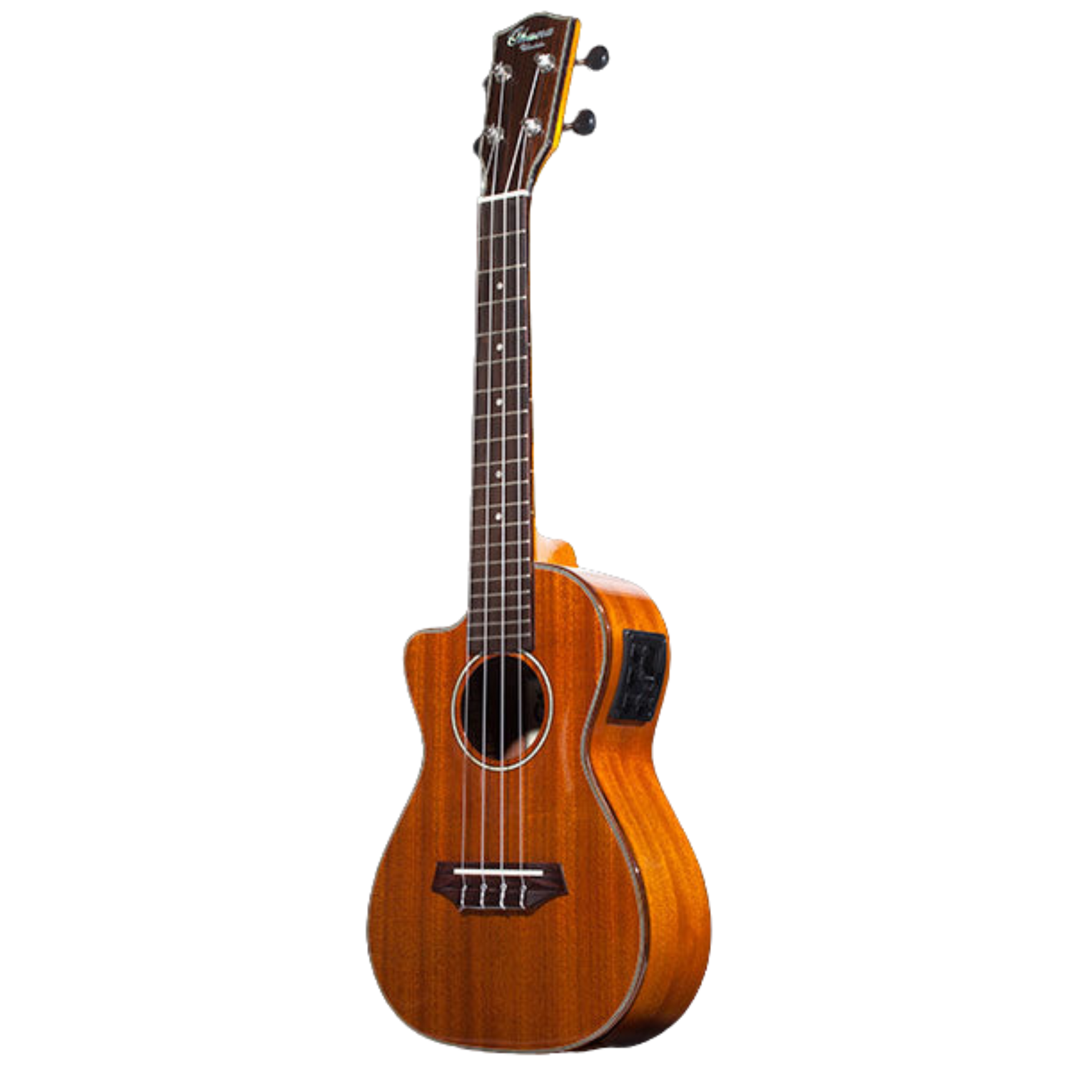 Ohana CK-35GCE All Solid Mahogany Concert Ukulele with gloss finish, active pickup system, cutaway design for easy fret access, and beautiful hardwood binding for a rich, warm tone.