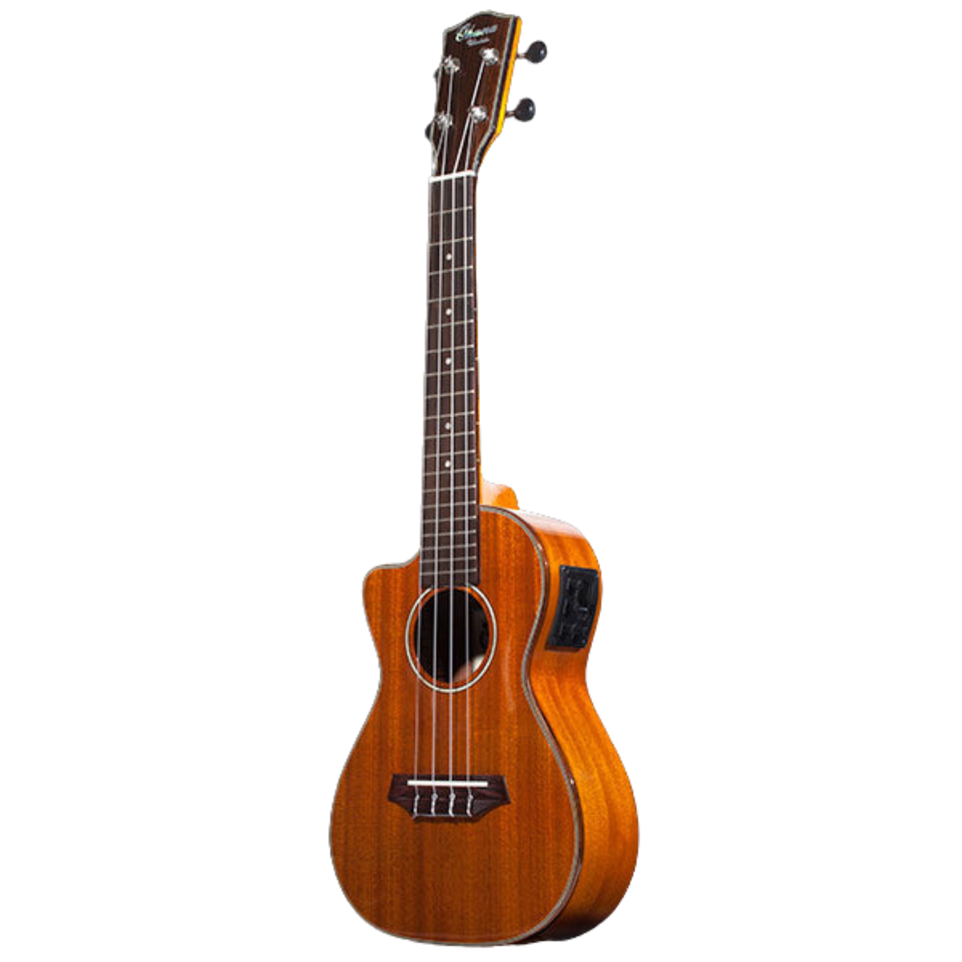 Ohana CK-35GCE All Solid Mahogany Concert Ukulele with gloss finish, active pickup system, cutaway design for easy fret access, and beautiful hardwood binding for a rich, warm tone.