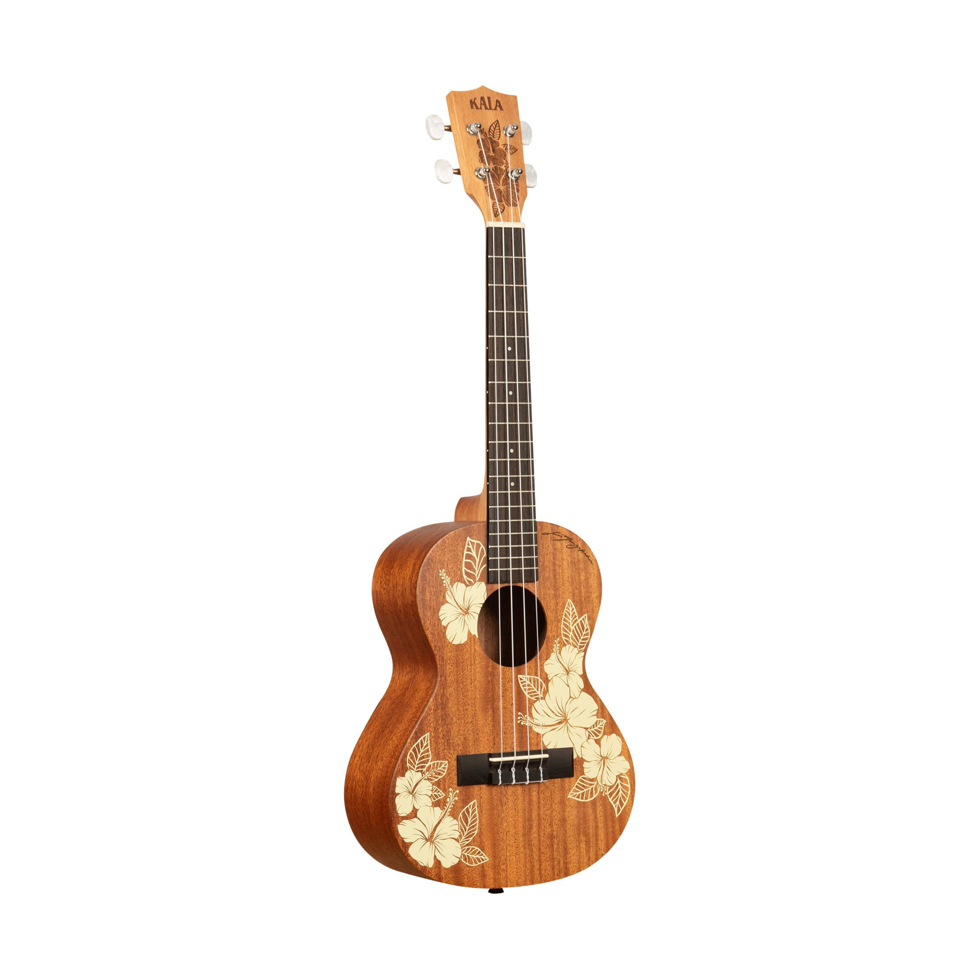 Kala KA-HIBISCUS-T Hibiscus Mahogany Tenor Ukulele, featuring a vibrant hibiscus floral design, rich mahogany body, and smooth fretboard for a warm, melodic sound perfect for any ukulele player.