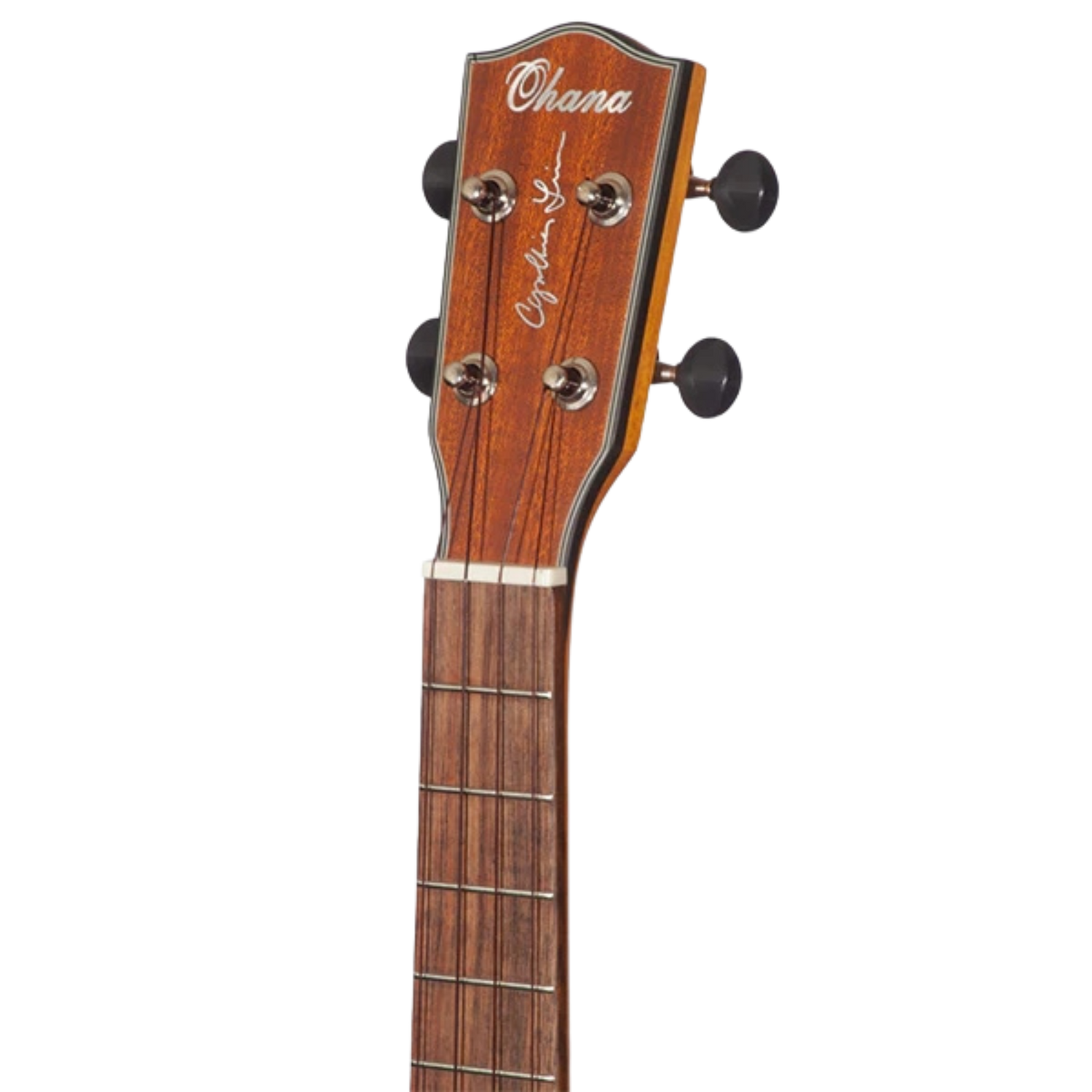 Ohana TK-25C-CL Cynthia Lin Tenor Ukulele, solid mahogany top, laminate back and sides, floral inlay, Worth Brown strings, satin finish.