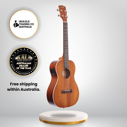 Kala KA-BE Baritone Ukulele in satin mahogany with pickup, cream binding, and gigbag.