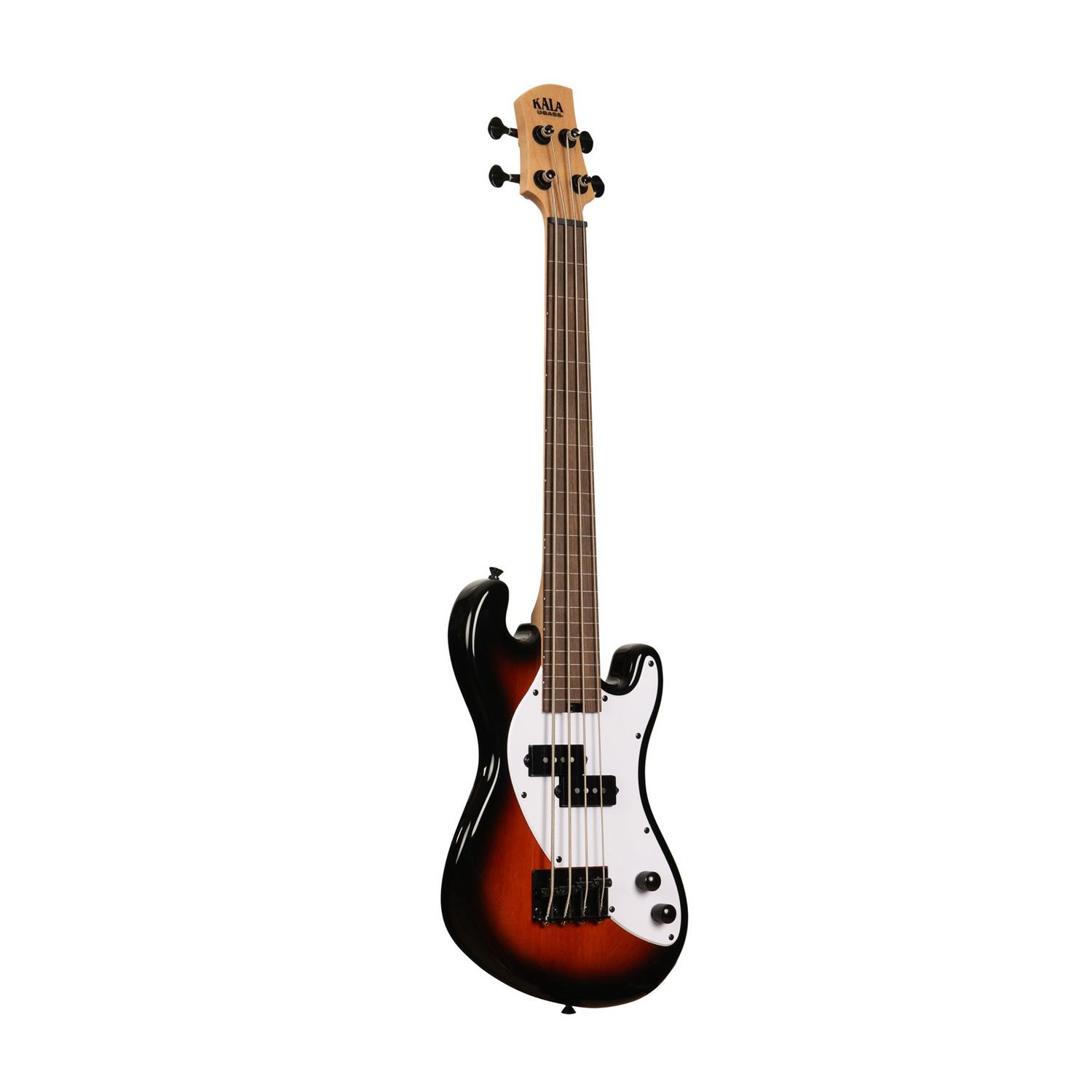 Kala UBASS-SB-TB-FL Solid Body 4-String Sunburst Fretless U•BASS®, showcasing a vibrant sunburst finish and fretless design for smooth, rich bass tones and seamless playability.