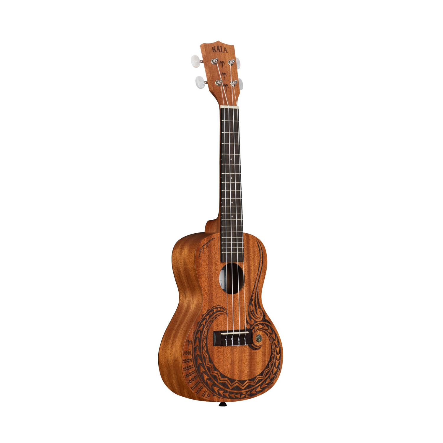 Kala KA-COURAGE-C Courage Mahogany Concert Ukulele, featuring intricate laser-etched artwork symbolizing strength and resilience.