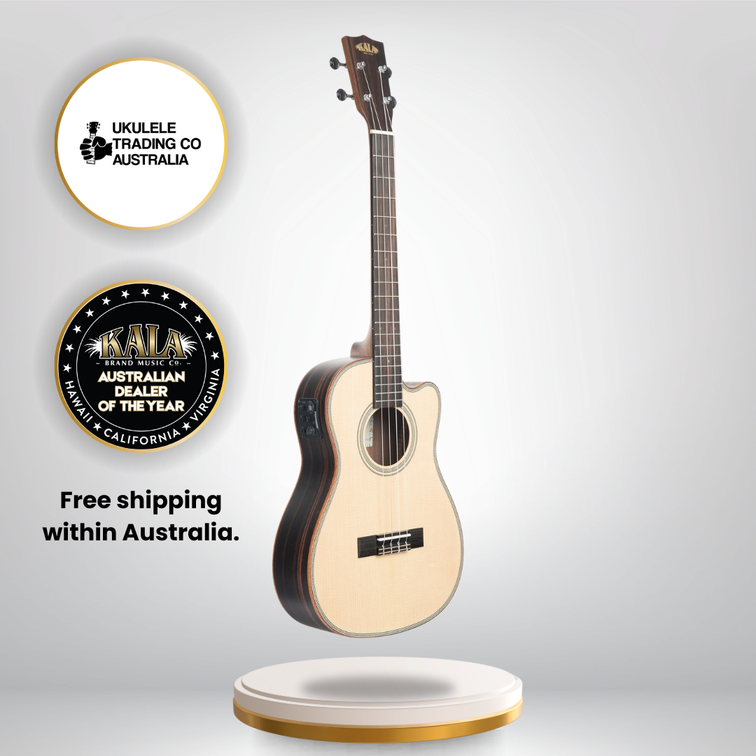 Kala baritone ukulele with spruce top and striped ebony back and sides