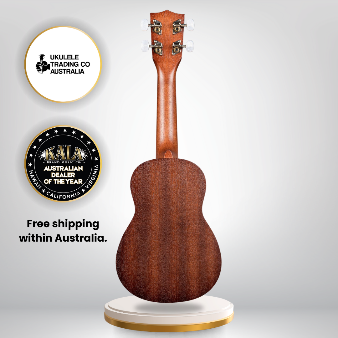 Kala KA-15S-H2 Soprano Ukulele with Hawaiian design, mahogany body, gig bag, and Aquila ukulele strings.