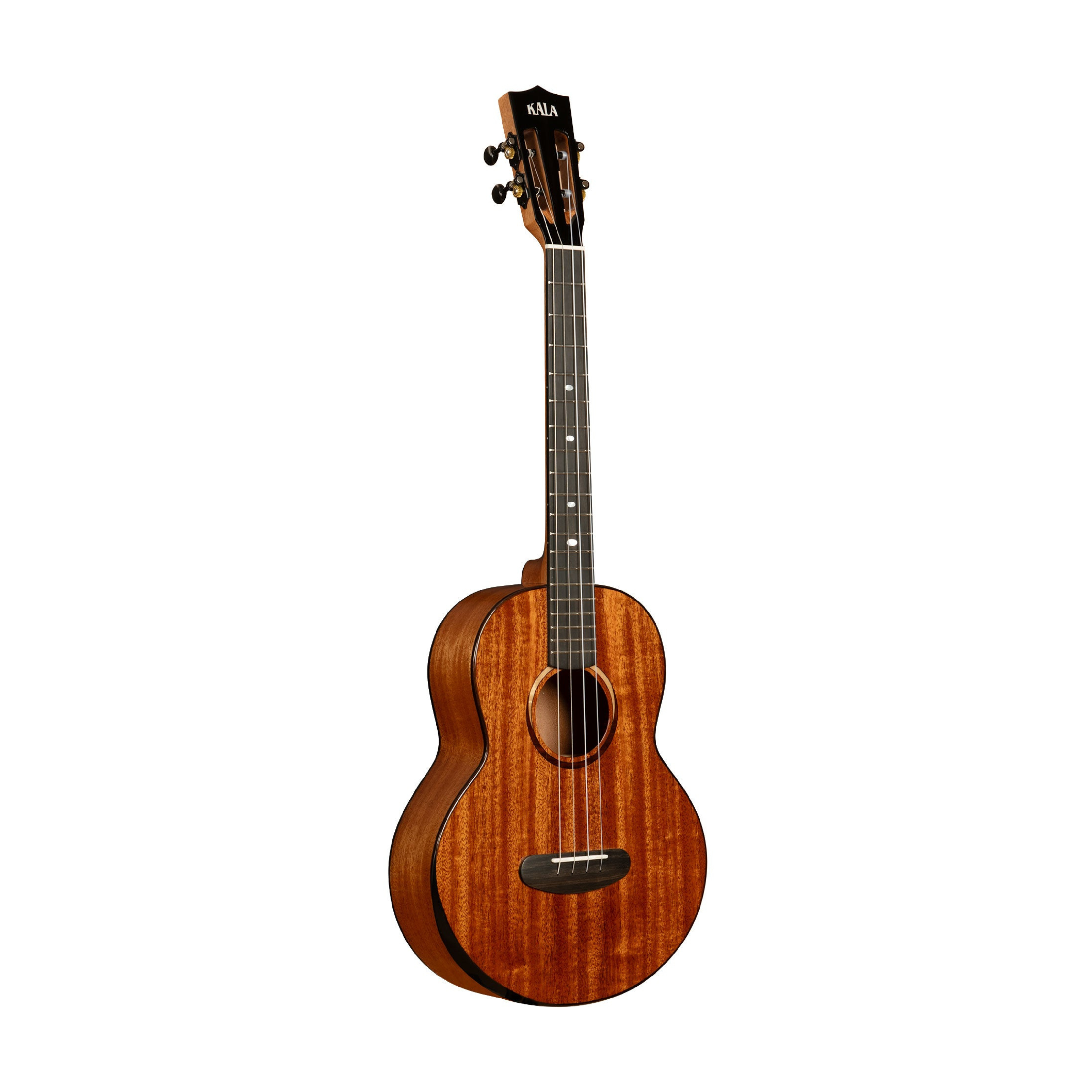 Kala KA-CT-SMH-BG Contour All Solid Gloss Mahogany Baritone Ukulele with Bag, showcasing elegant craftsmanship and deep mahogany tones.