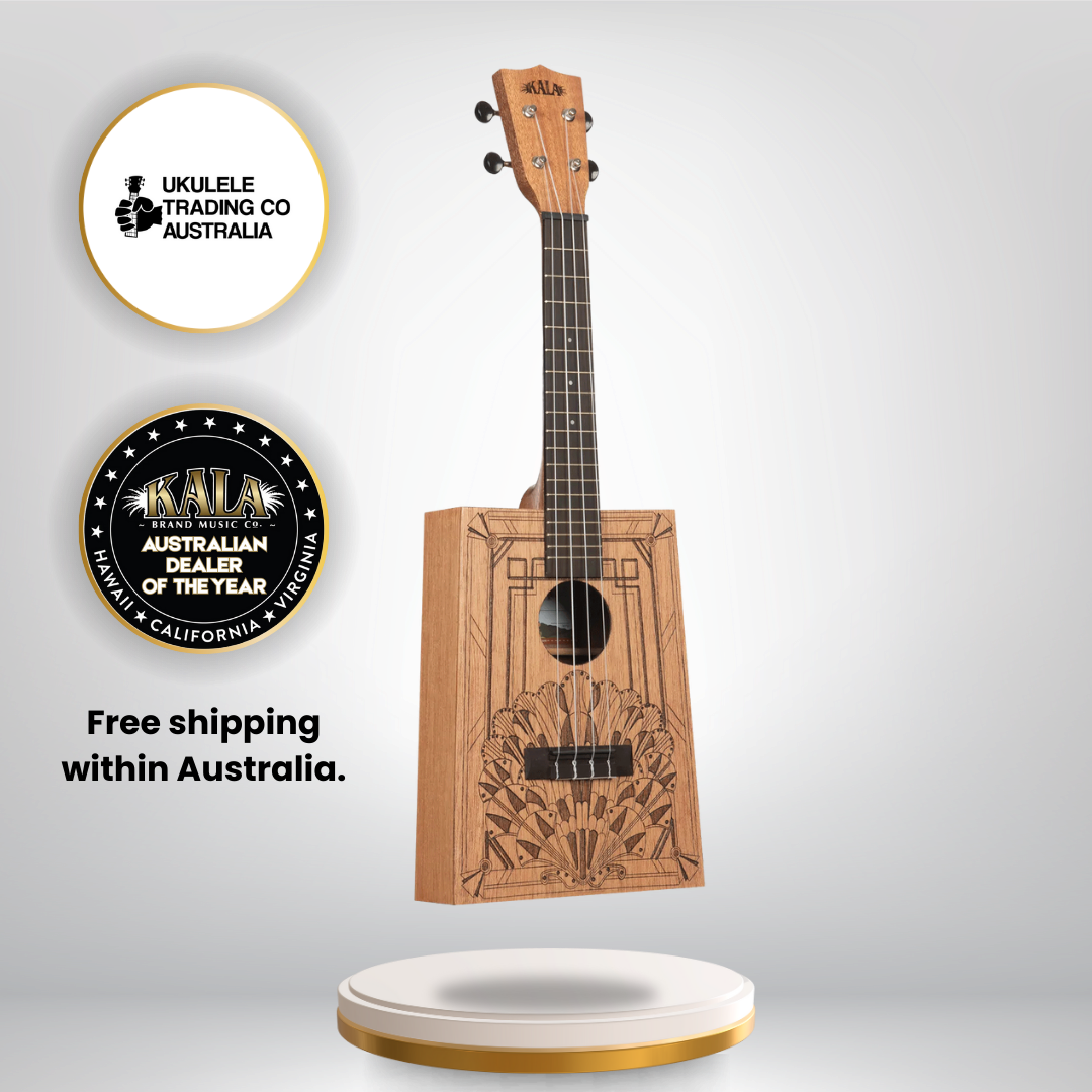 Kala Art Deco Cigar Box Concert Ukulele KA-CB-DECO-C with laser-etched design