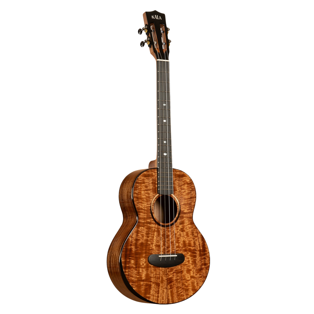 Kala Contour All Solid Gloss Acacia Baritone Ukulele with rosewood binding, two-tone eclipse wood rosette, and contoured comfort edge for a rich, balanced sound and easy playability.