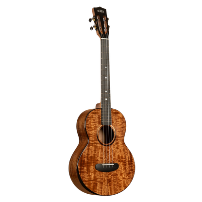 Kala Contour All Solid Gloss Acacia Baritone Ukulele with rosewood binding, two-tone eclipse wood rosette, and contoured comfort edge for a rich, balanced sound and easy playability.