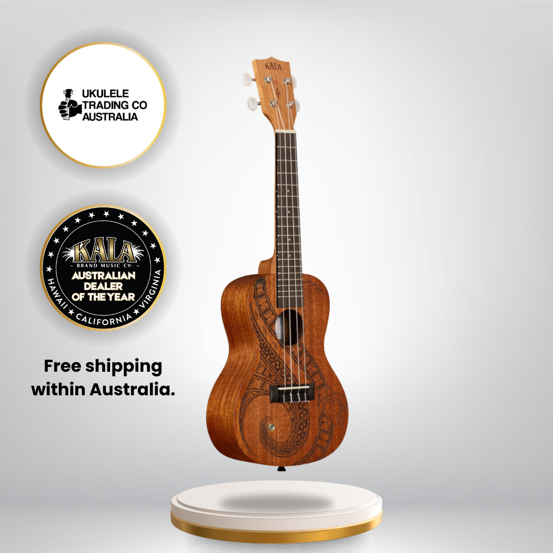 Kala Guidance Mahogany Concert Ukulele KA-GUIDANCE-C with Māori-inspired laser-etched artwork and warm mahogany tone.