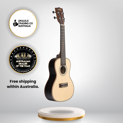 Kala concert ukulele with solid spruce top and striped ebony back and sides