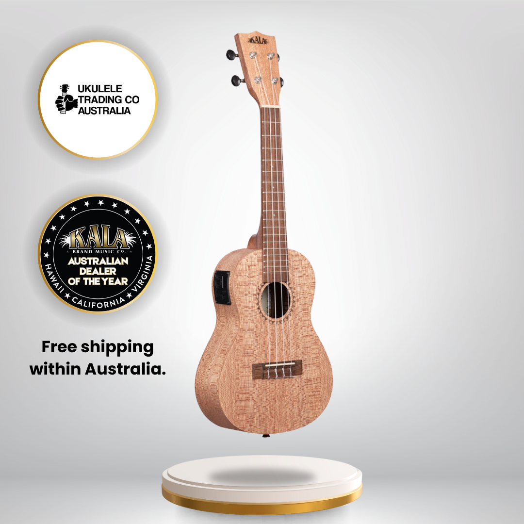 Kala KA-20CE Burled Meranti Concert Ukulele with pickup, EQ, and satin finish.