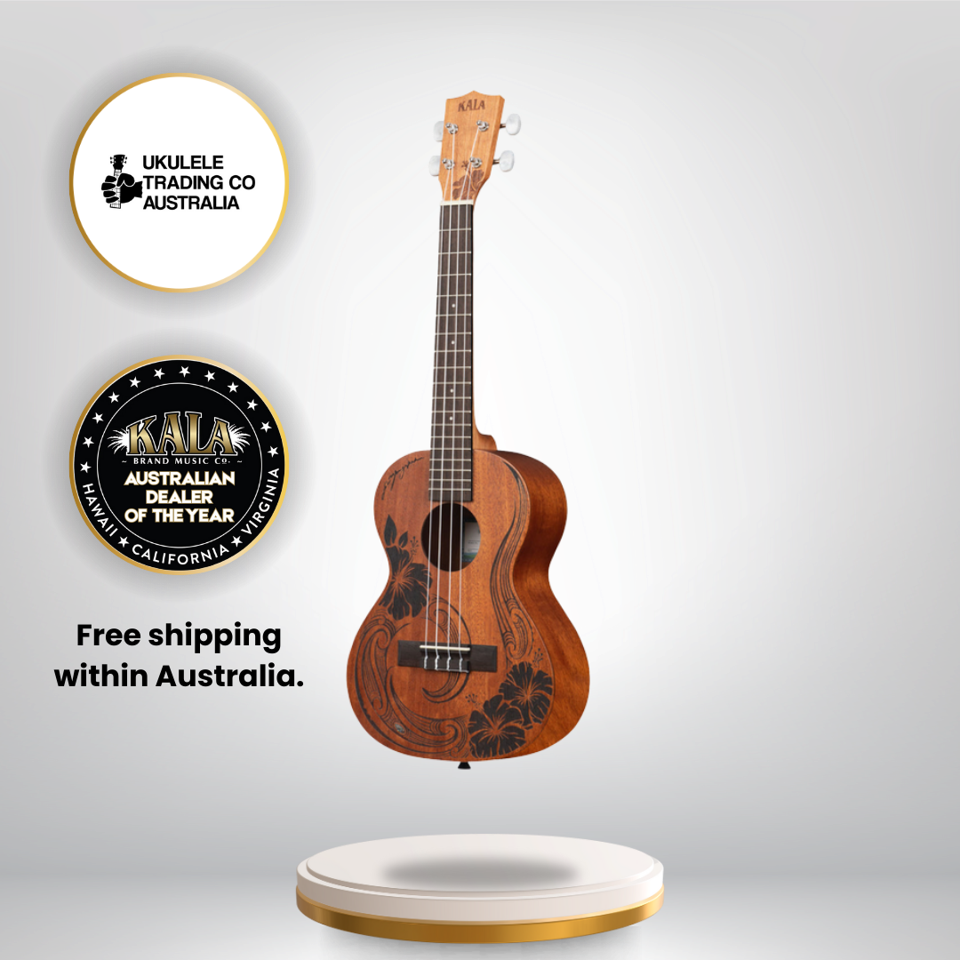 Alt text: Kala KA-UNITY-T Unity Mahogany Tenor Ukulele with Māori artwork and gig bag