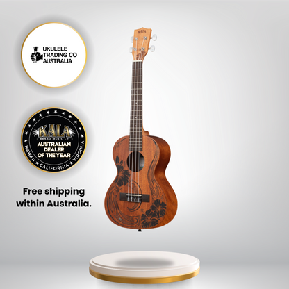 Alt text: Kala KA-UNITY-T Unity Mahogany Tenor Ukulele with Māori artwork and gig bag