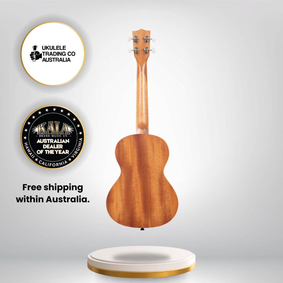 Alt text: Kala KA-UNITY-T Unity Mahogany Tenor Ukulele with Māori artwork and gig bag