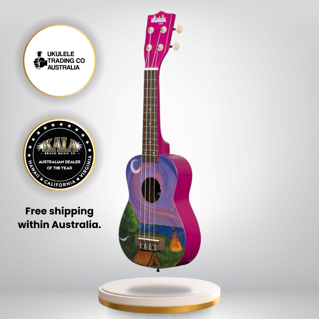NUKHAPPY CAMPER Kala Ukadelic Happy Camper Soprano Ukulele Camping Art Ukulele Australia