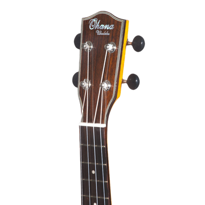 Ohana CK-35GCE All Solid Mahogany Concert Ukulele with gloss finish, active pickup system, cutaway design for easy fret access, and beautiful hardwood binding for a rich, warm tone.