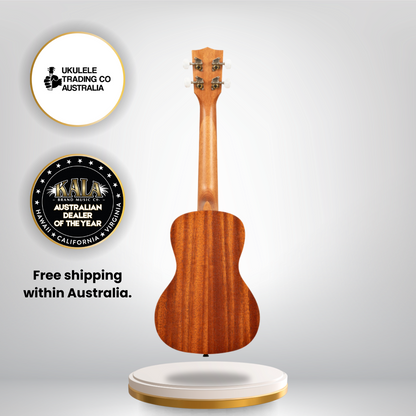 Kala Hibiscus Mahogany Concert Ukulele with white hibiscus laser-etched design