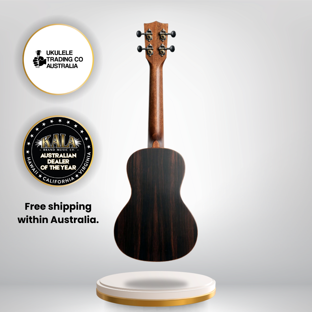 Kala concert ukulele with solid spruce top and striped ebony back and sides