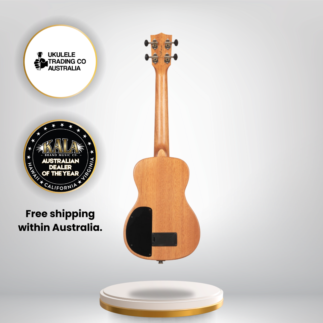Solid body electric flame maple tenor ukulele with tiger stripe maple top