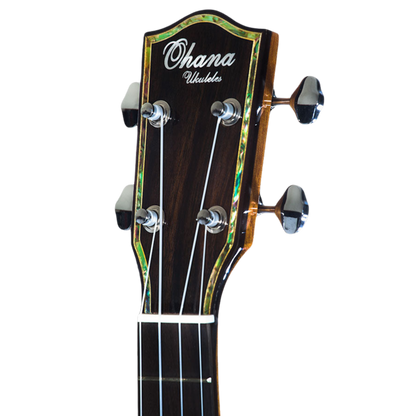 Ohana Pineapple Series PKC-50G Concert Ukulele with solid cedar top, mahogany body, abalone rosette, and mellow, rich tone for a unique musical experience.