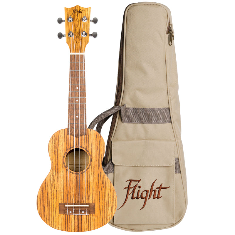 The Flight DUS322 is our only ukulele featuring laminate zebrawood for its sound board, back, and sides.  Flight DUS322 Soprano Ukulele Zebrawood with Bag and Free Shipping