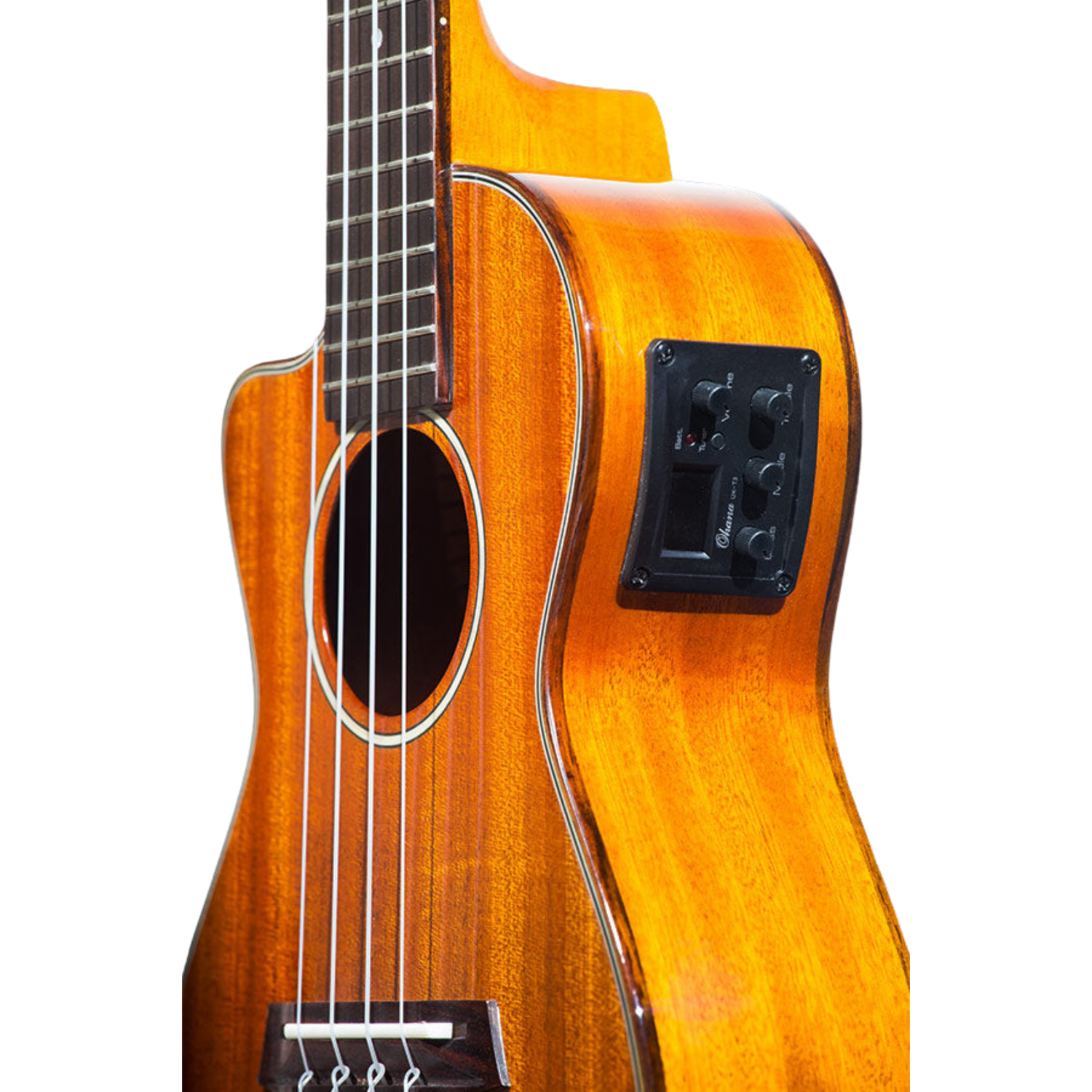 Ohana CK-35GCE All Solid Mahogany Concert Ukulele with gloss finish, active pickup system, cutaway design for easy fret access, and beautiful hardwood binding for a rich, warm tone.