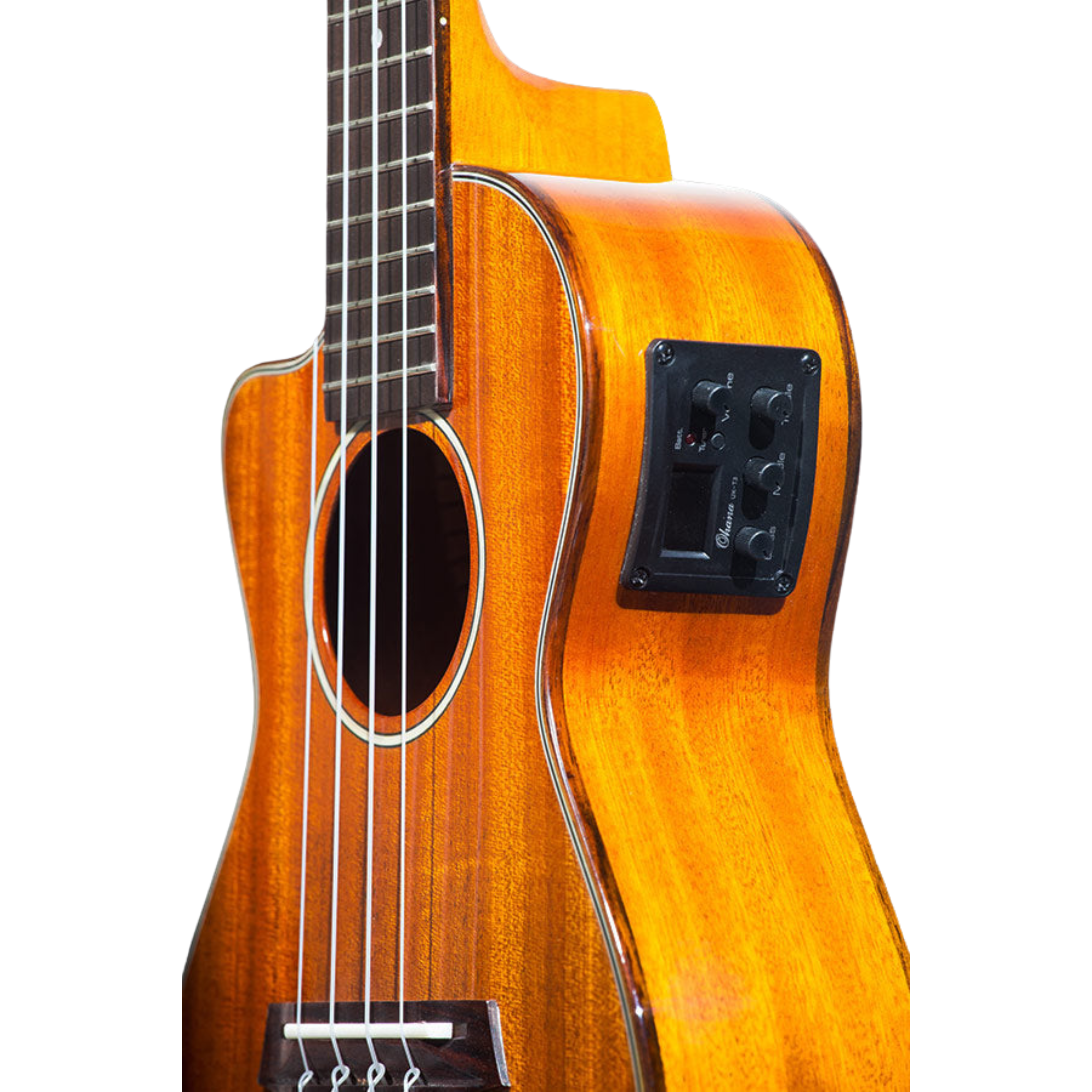 Ohana CK-35GCE All Solid Mahogany Concert Ukulele with gloss finish, active pickup system, cutaway design for easy fret access, and beautiful hardwood binding for a rich, warm tone.