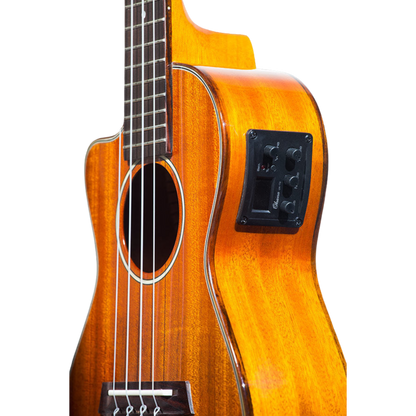 Ohana CK-35GCE All Solid Mahogany Concert Ukulele with gloss finish, active pickup system, cutaway design for easy fret access, and beautiful hardwood binding for a rich, warm tone.