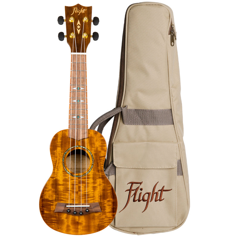 Flight’s DUS445 Acacia is a soprano ukulele made from laminate acacia. Flight DUS445 Soprano Acacia Ukulele with Bag and Free Shipping  Acacia is in the same family as Hawaiian koa, and a popular tone wood used in the construction of ukuleles.  If you’re looking for the real “island sound” at an affordable price, this is the uke for you!