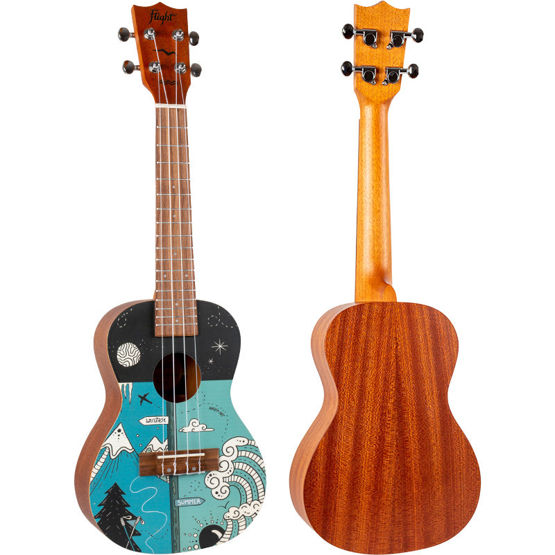 The Flight AUC-33 Two Season Concert Ukulele whimsically celebrates two seasons from Slovenia (the home of Flight Ukulele) with a wonderful design by the talented Argentinian artist, Macuco.art!