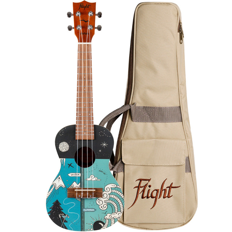 The Flight AUC-33 Two Season Concert Ukulele whimsically celebrates two seasons from Slovenia (the home of Flight Ukulele) with a wonderful design by the talented Argentinian artist, Macuco.art!