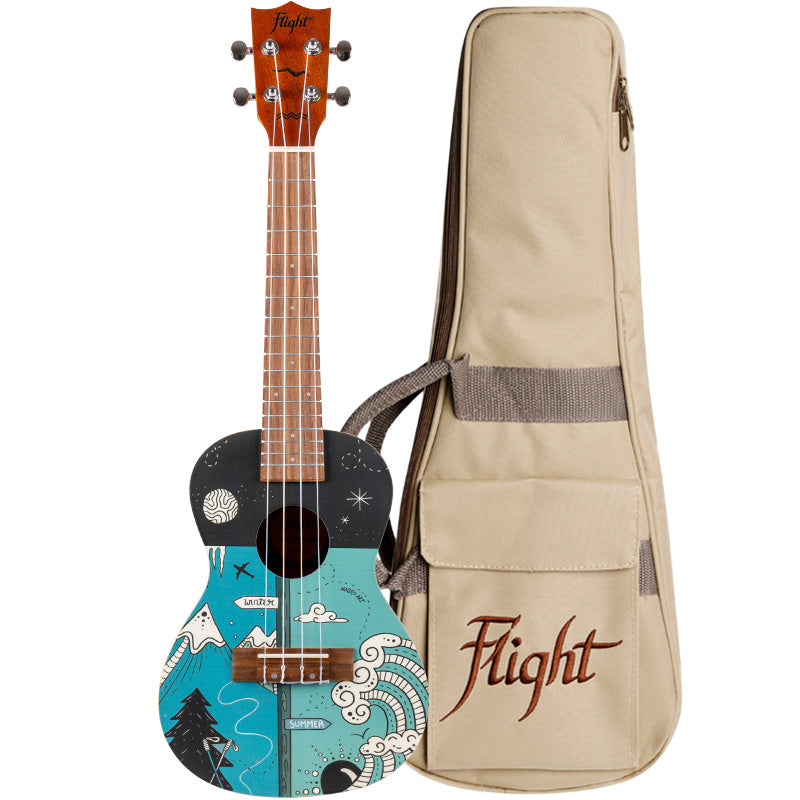 The Flight AUC-33 Two Season Concert Ukulele whimsically celebrates two seasons from Slovenia (the home of Flight Ukulele) with a wonderful design by the talented Argentinian artist, Macuco.art!  