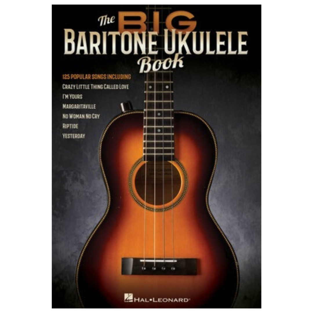 Softcover baritone ukulele songbook with 125 popular songs, melody, lyrics, and chord frames by Hal Leonard