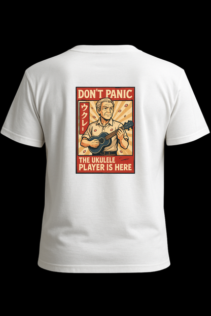 Don’t Panic – The Ukulele Player Is Here T-Shirt | Funny Japanese Style Music Tee | Gift for Ukulele Lovers &amp; Musicians