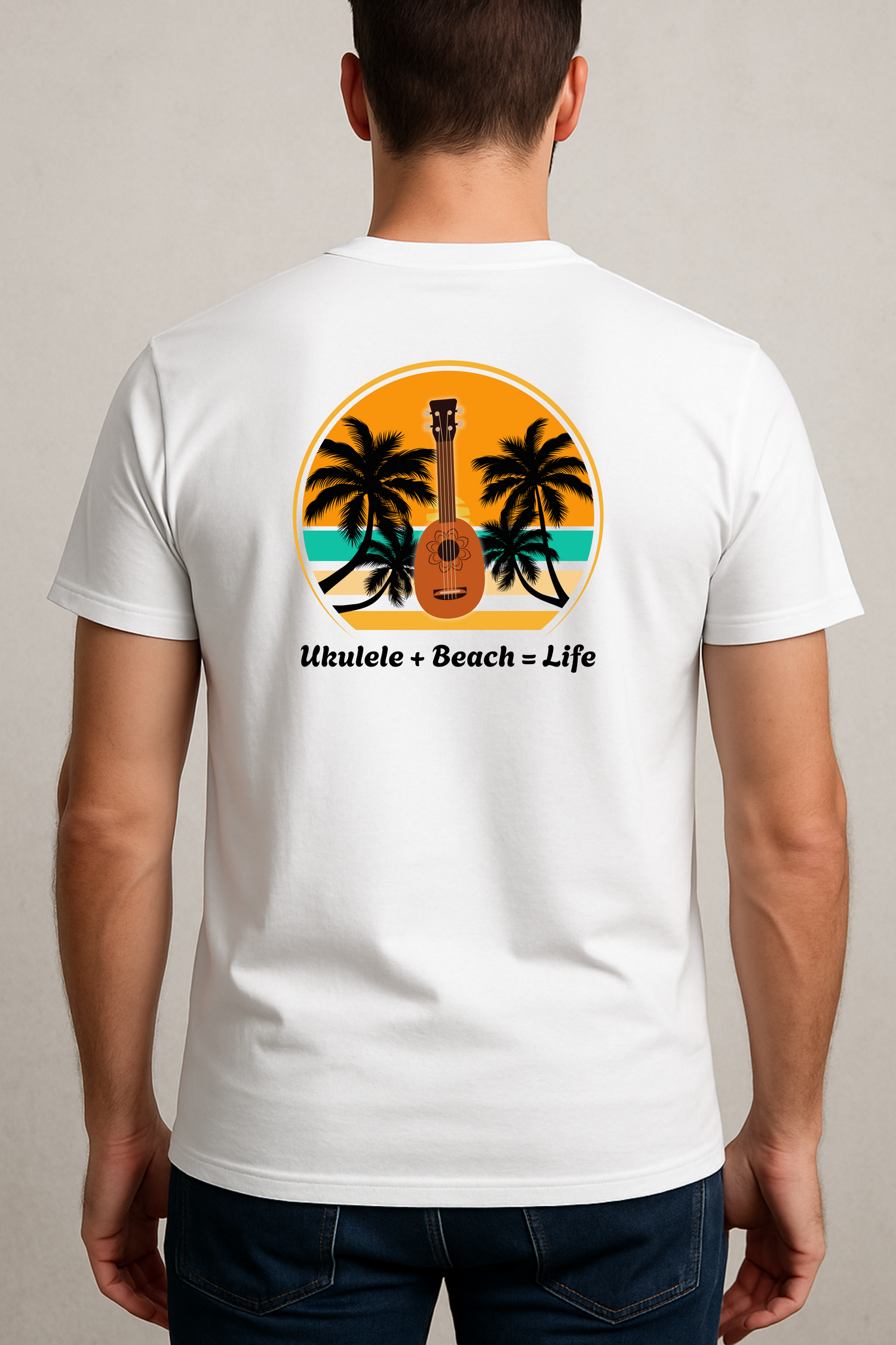 Ukulele + Beach = Life T-Shirt – Gift for Ukulele Players &amp; Beach Lovers, Music Festival Tee, Musician Shirt, Made to Order, Unisex Fit