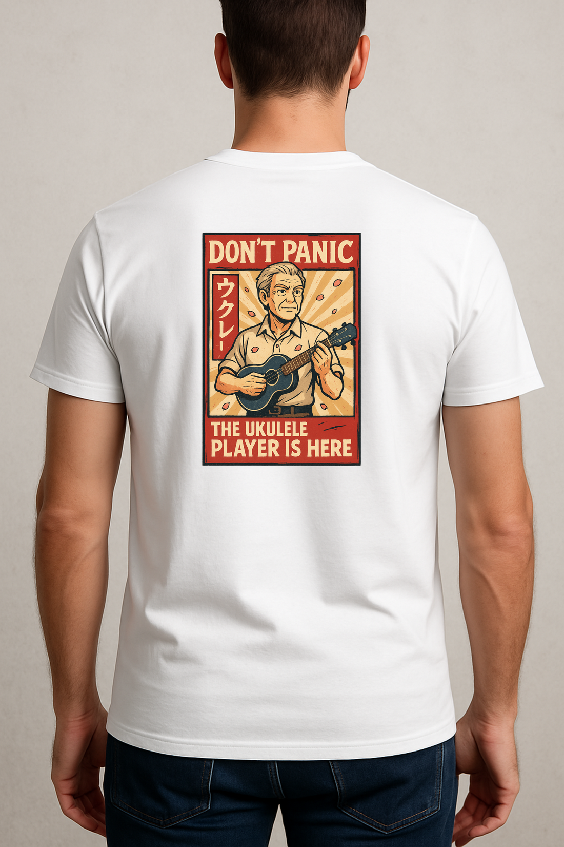 Don’t Panic – The Ukulele Player Is Here T-Shirt | Funny Japanese Style Music Tee | Gift for Ukulele Lovers &amp; Musicians