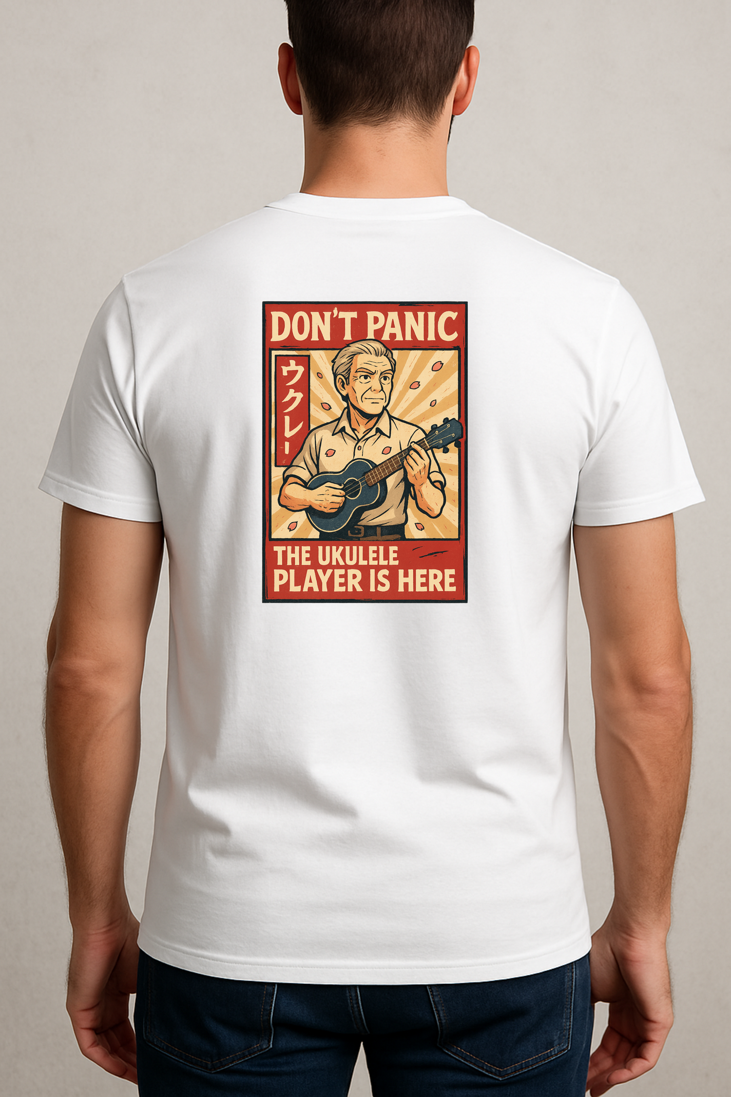 Don’t Panic – The Ukulele Player Is Here T-Shirt | Funny Japanese Style Music Tee | Gift for Ukulele Lovers &amp; Musicians