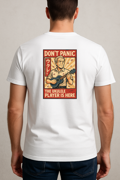 Don’t Panic – The Ukulele Player Is Here T-Shirt | Funny Japanese Style Music Tee | Gift for Ukulele Lovers &amp; Musicians