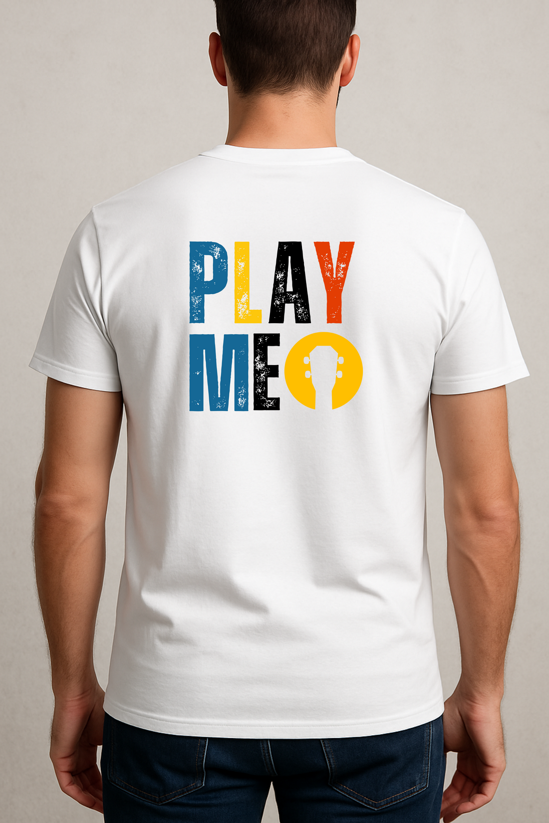 Play Me T-Shirt – Bold Ukulele Head Graphic in Circle Design