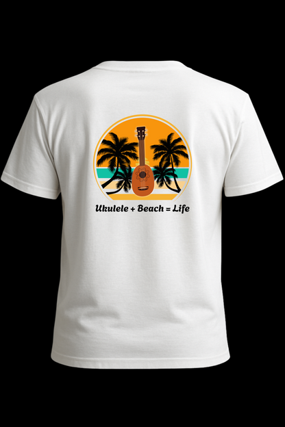 Ukulele + Beach = Life T-Shirt – Gift for Ukulele Players &amp; Beach Lovers, Music Festival Tee, Musician Shirt, Made to Order, Unisex Fit