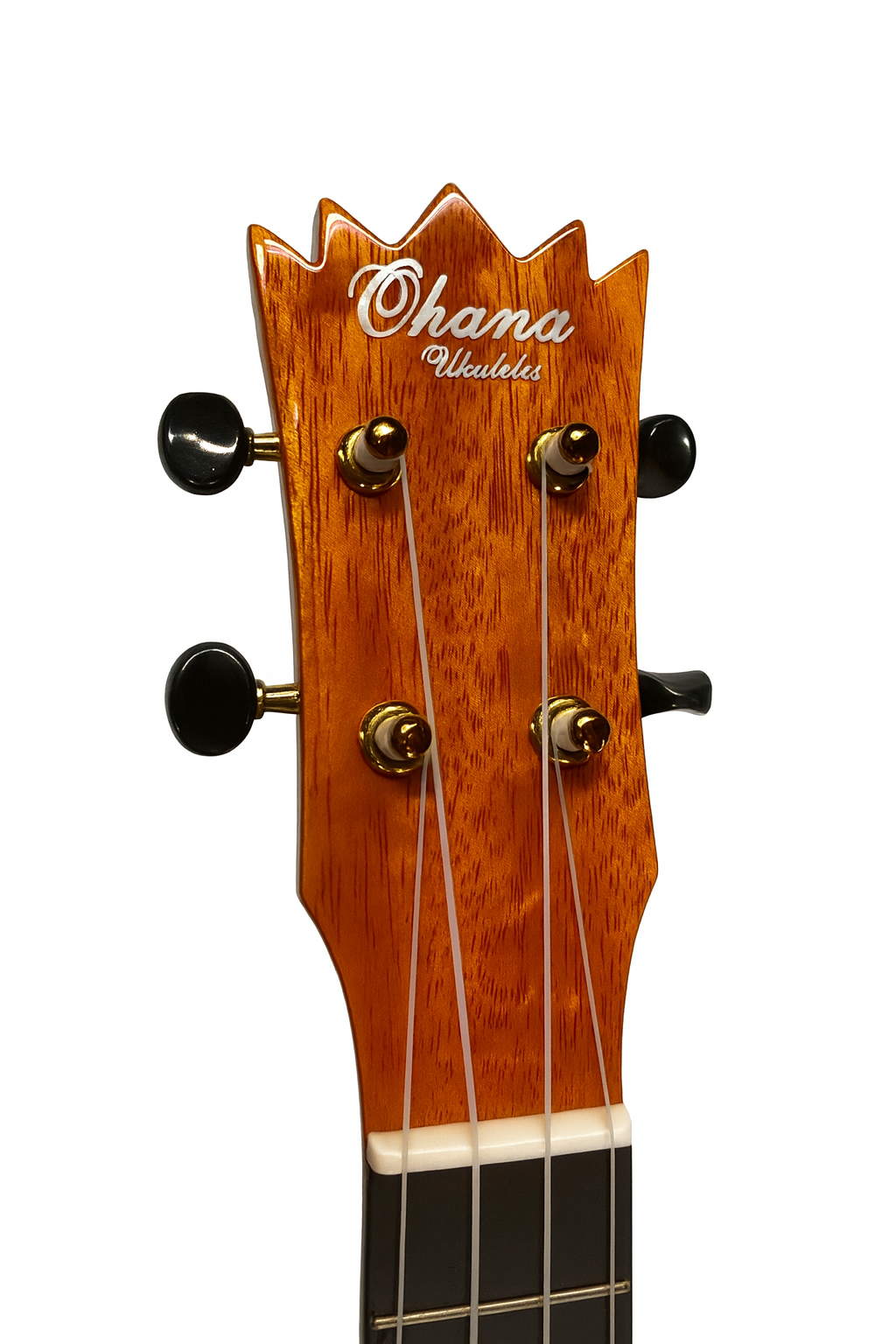 Headstock of Ohana Concert size Ukulele Pineapple PKC-150SMO Spalted Mango Concert Ukulele with glossy finish and abalone inlays. Available from Ukulele Trading Co Australia