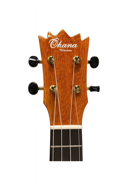 Front on Headstock of Ohana Concert size Ukulele Pineapple PKC-150SMO Spalted Mango Concert Ukulele with glossy finish and abalone inlays. Available from Ukulele Trading Co Australia