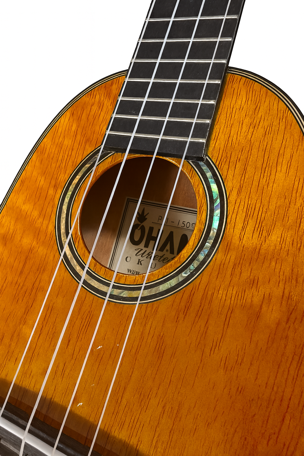 Closeup of abalone binding on a Ohana Concert size Ukulele Pineapple PKC-150SMO Spalted Mango Concert Ukulele with glossy finish and abalone inlays. Available from Ukulele Trading Co Australia