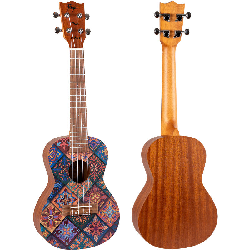 The Flight AUC-33 Fusion Concert Size Ukulele is a classy, mystical and prestigious ukulele that is ideal for celebrities, big shots, and royalty–or for anyone that wants to feel like they are on top of the world.  