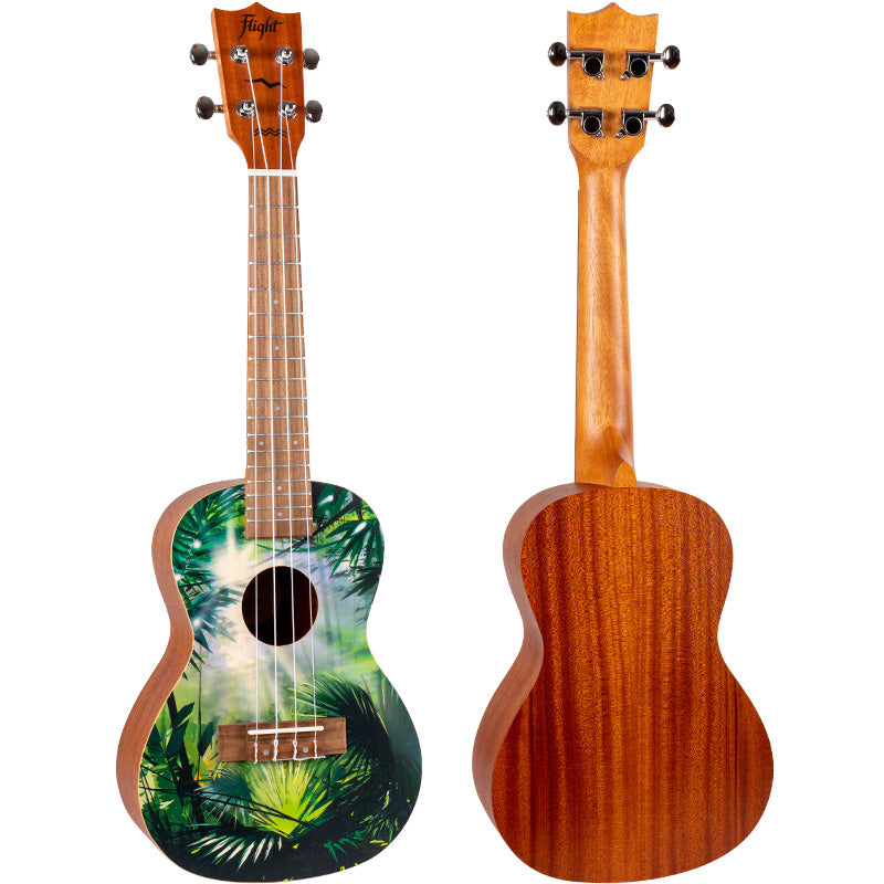 The Flight AUC-33 Jungle Concert Ukulele features a stunning jungle design.   Imagine yourself in a wild jungle.
